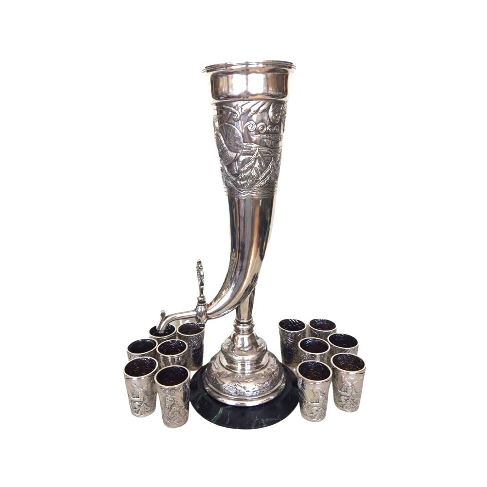 Antique Faberge Wine Horn Form Urn 12 Beakers Set 84 Silver Russian 1890s Set​